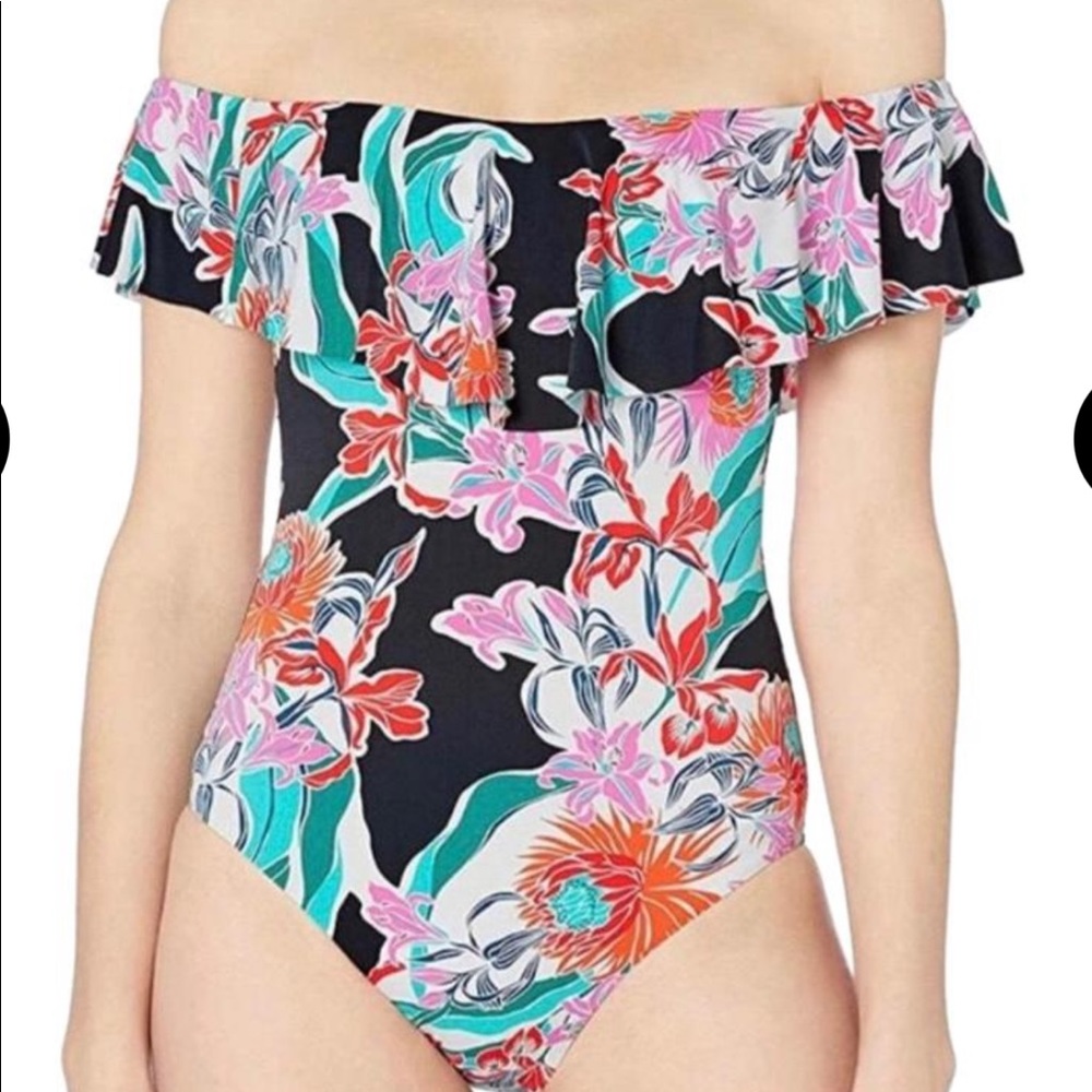Trina Turk Ruffle floral multi color swimsuit Size 14